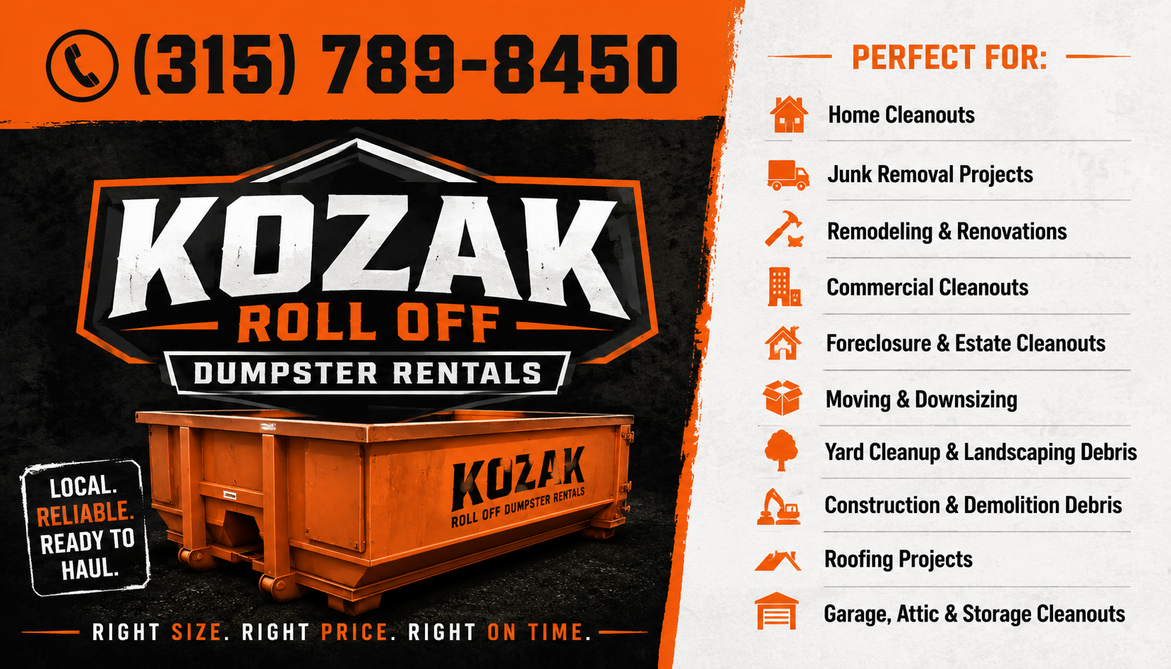 KOZAK dumpster rental flyer